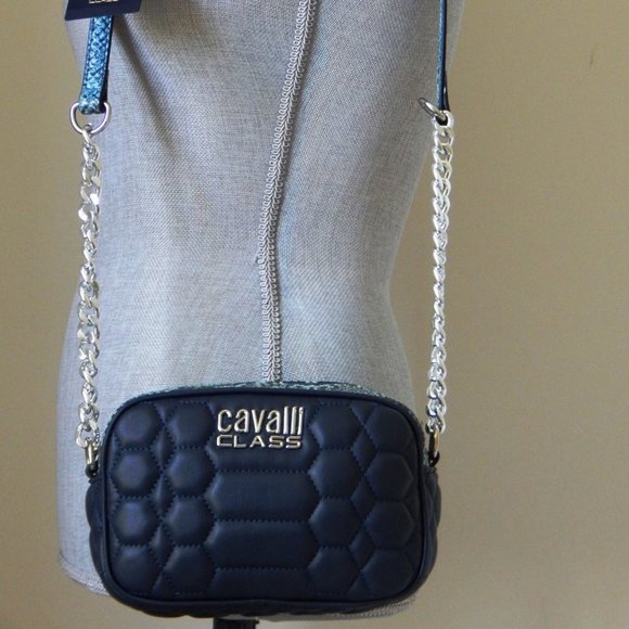 NWT CAVALLI CLASS Chain Link Python Print Top Dark Blue Small Cross-body Bag - Picture 3 of 13